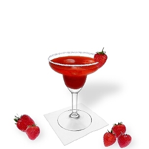 Erdbeer Margarita im Margarita-Glas dekoriert mit Erdbeeren und Zucker- oder Salzrand. Die klassische Art Strawberry Margarita zu präsentieren.
